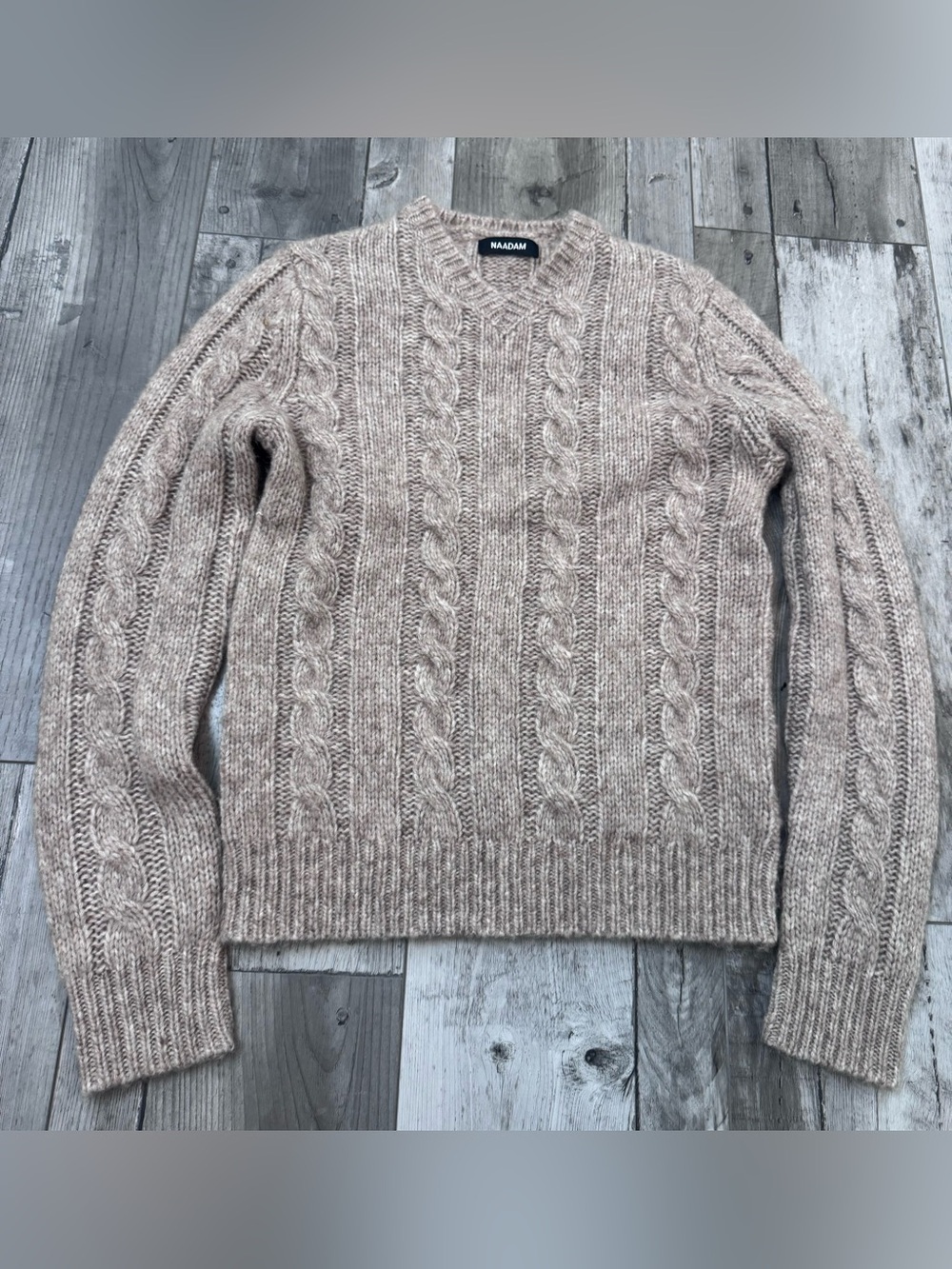 Nadaam Luxe Wool Alpaca Blend Crewneck Cable Knit Sweater Neutral Quiet Luxury S